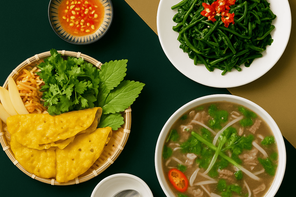 Banh Xeo is a traditional crispy rice flour pancake packed with shrimp and bean sprouts